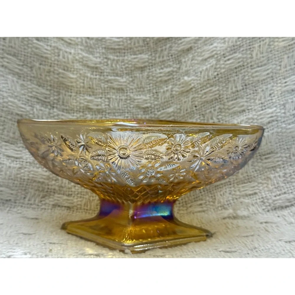 Vintage amber Marigold Carnival Glass  Footed Candy Dish 3x6.5in